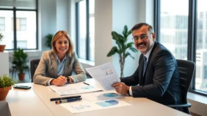 Professional financial advisor meeting with a client at a modern office desk, reviewing investment portfolio documents and charts, natural lighting from windows, both wearing business attire, confident and focused expressions