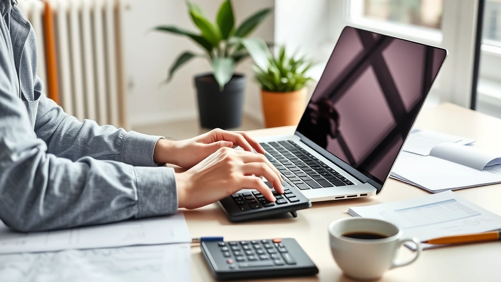 Person working at home office on laptop with notebook and calculator, surrounded by financial planning materials, natural daylight streaming in, modern minimalist workspace with plant and coffee cup visible