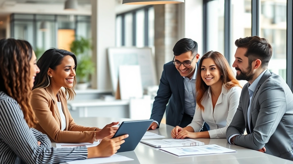 Diverse group of professionals in business casual attire having a collaborative meeting around a table, looking at digital tablet and documents, modern office environment with natural light, engaged and positive atmosphere