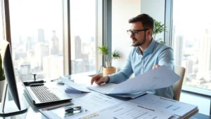 Professional investor reviewing property documents and blueprints at modern desk with city skyline visible through windows, natural daylight illuminating organized workspace with real estate portfolio materials
