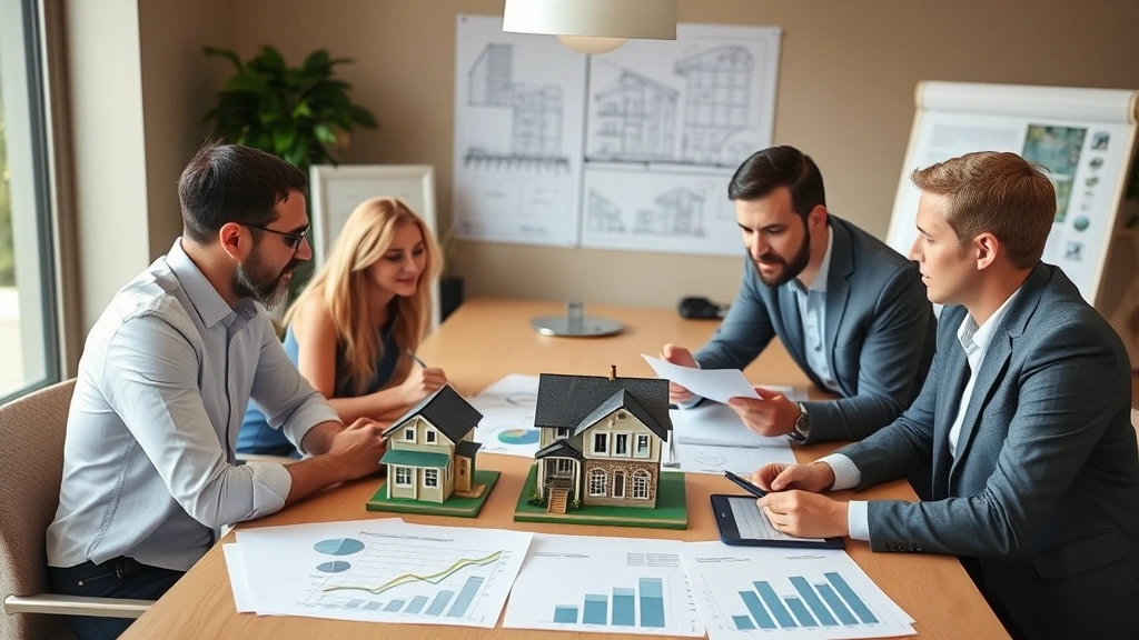 Diverse group of real estate professionals including agent, contractor, and accountant collaborating at table with property models and financial charts, warm office setting with architectural drawings visible
