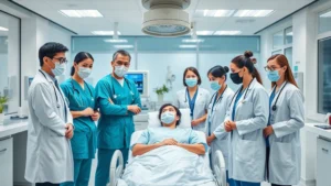 Professional healthcare team in modern medical facility, diverse physicians and nurses collaborating around patient care, bright clinical environment with advanced medical equipment visible