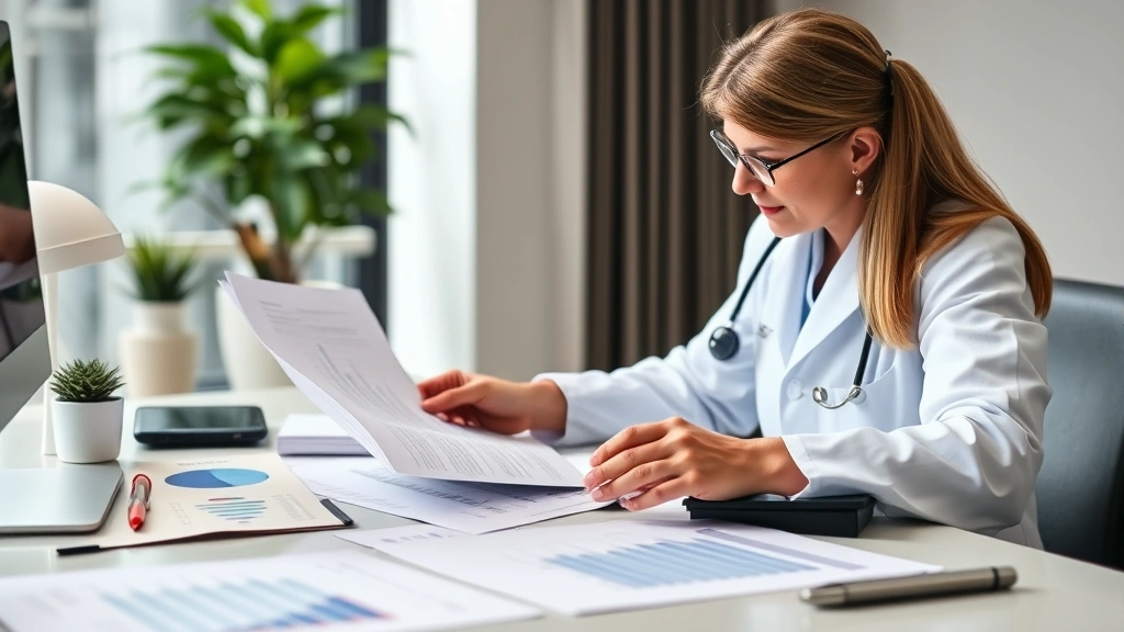 Healthcare professional reviewing financial documents and retirement planning materials at desk, calculator and investment charts visible, modern office setting with natural lighting
