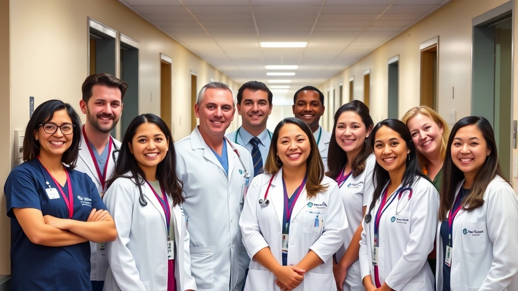Diverse group of healthcare workers in UC Davis Health uniforms smiling together, representing different departments and specialties, professional team photo in hospital corridor