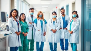 Professional healthcare team in modern hospital corridor wearing scrubs and white coats, standing confidently near medical equipment, natural lighting from hospital windows, diverse group of medical professionals