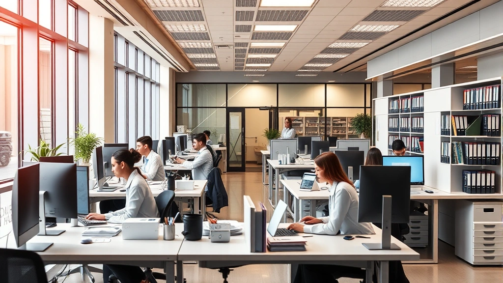Modern hospital administrative office with professionals working at desks with computers, filing systems, warm professional lighting, collaborative workspace environment showing teamwork and organization