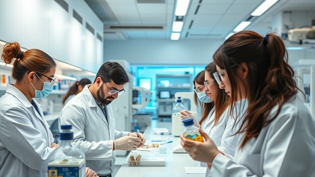 State-of-the-art medical research laboratory with scientists in lab coats examining specimens, modern equipment and technology visible, bright clinical lighting, focused professional atmosphere demonstrating innovation