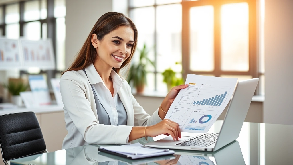 Professional woman in business attire reviewing financial documents and graphs at a modern desk with a laptop, sunlit office environment, confident expression