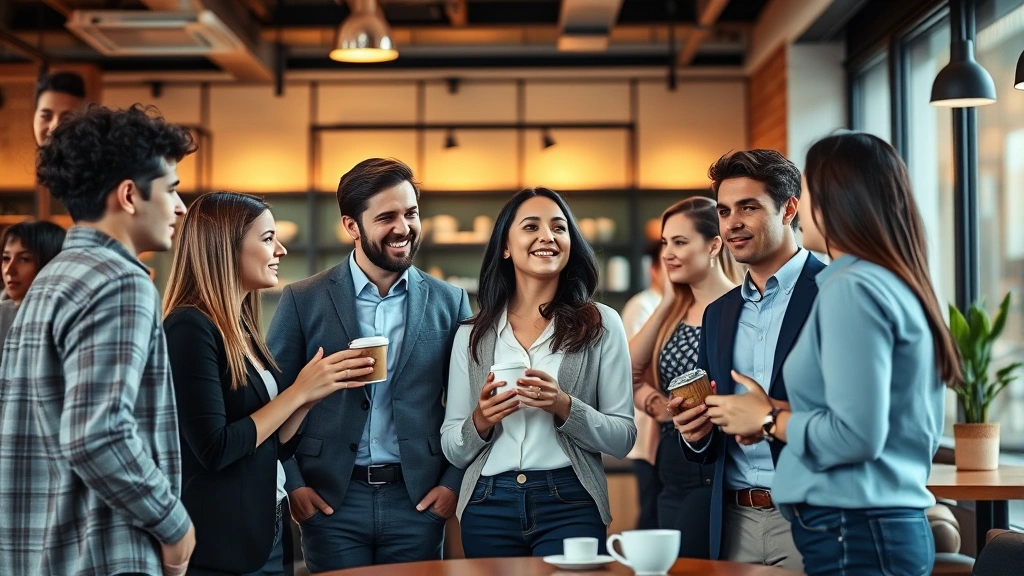 Diverse group of young professionals in casual business clothing having a networking conversation at a modern coffee shop, warm lighting, collaborative atmosphere
