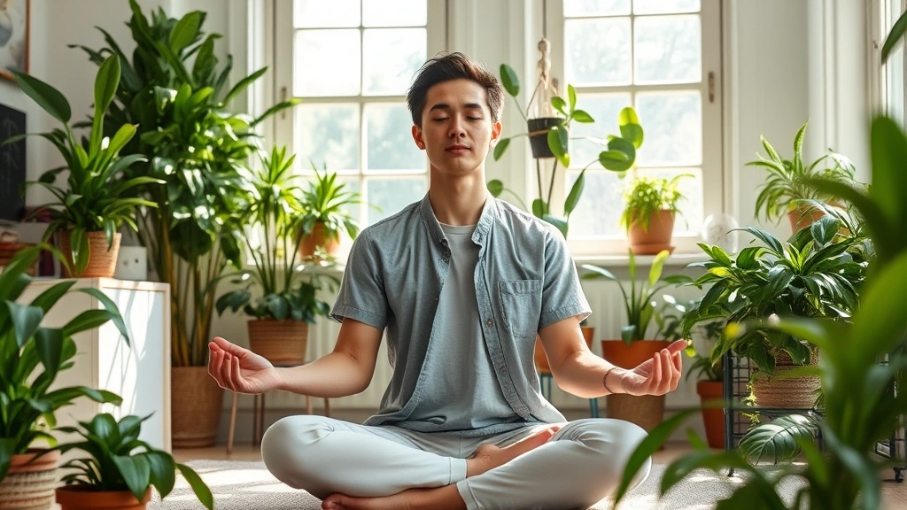 Person meditating peacefully in a comfortable home office surrounded by plants, natural sunlight streaming through windows, serene and focused demeanor