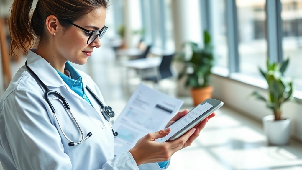 Professional healthcare worker in clinical setting reviewing financial documents and retirement planning materials on tablet device, modern office environment, natural lighting