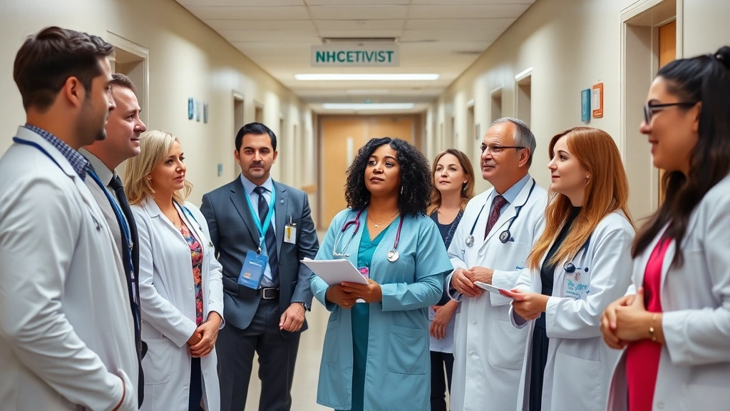 Diverse group of healthcare professionals in hospital corridor discussing financial planning and wealth strategies, collegial atmosphere, professional attire