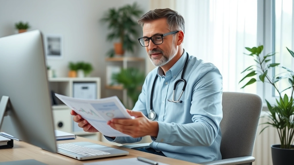 Successful middle-aged healthcare professional reviewing investment portfolio on computer in home office, displaying confidence and financial success, comfortable workspace