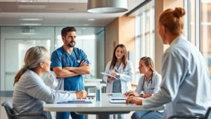 Professional healthcare worker in modern hospital setting confidently consulting with colleagues around a table during a meeting, warm natural lighting, modern healthcare facility interior