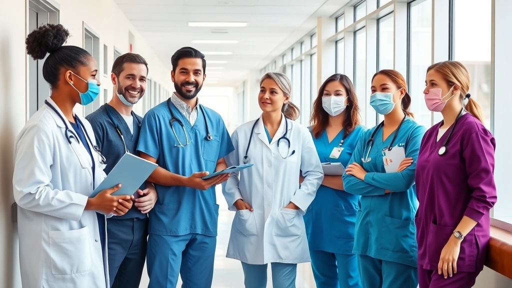 Diverse team of medical professionals including nurses, doctors, and administrators collaborating in a bright, contemporary hospital corridor with large windows showing daytime, expressions of engagement and teamwork