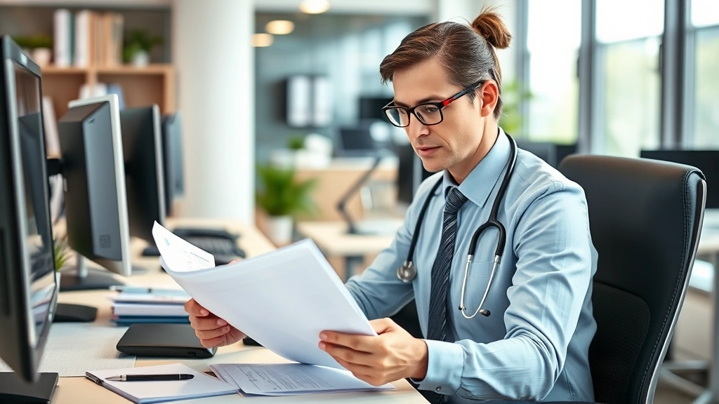 Healthcare professional in business attire reviewing documents at an organized desk in a modern office with computers, professional development materials visible, focused and determined expression
