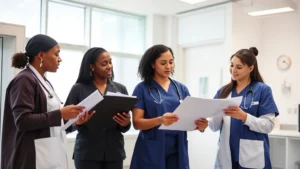Professional diverse healthcare workers in modern clinic environment reviewing patient charts and discussing care plans, bright natural lighting, collaborative medical setting