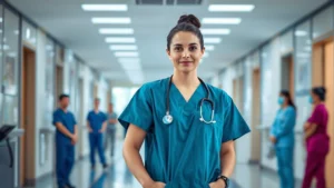 Professional healthcare worker in modern hospital setting wearing scrubs, standing confidently in a bright clinical environment with colleagues in background, natural lighting, modern medical facility atmosphere