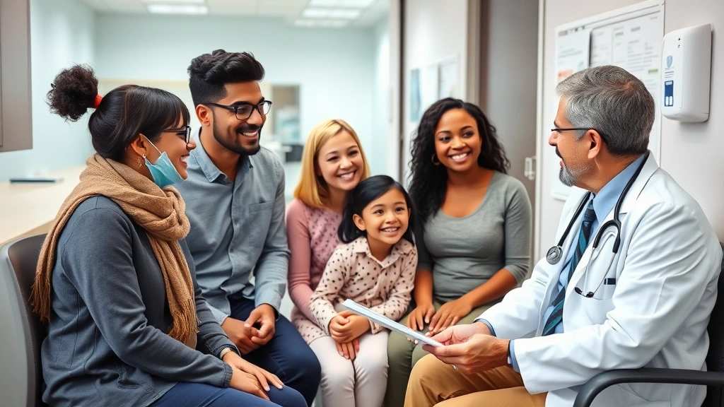 Family of four at doctor's office during preventive care visit, diverse ethnicities, welcoming medical environment, healthcare provider conducting health screening, modern clinic interior