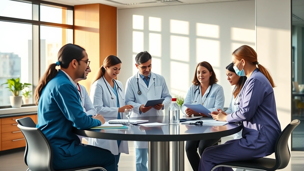 Diverse group of healthcare professionals in union facility collaborating during team meeting, showing teamwork and professional development in modern healthcare setting with warm natural lighting