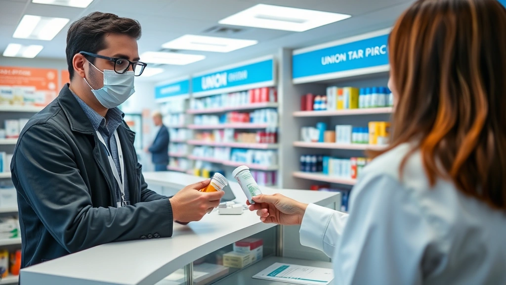 Union member at pharmacy counter receiving prescription medication from pharmacist, modern drugstore setting, professional interaction, health protection and wellness focus