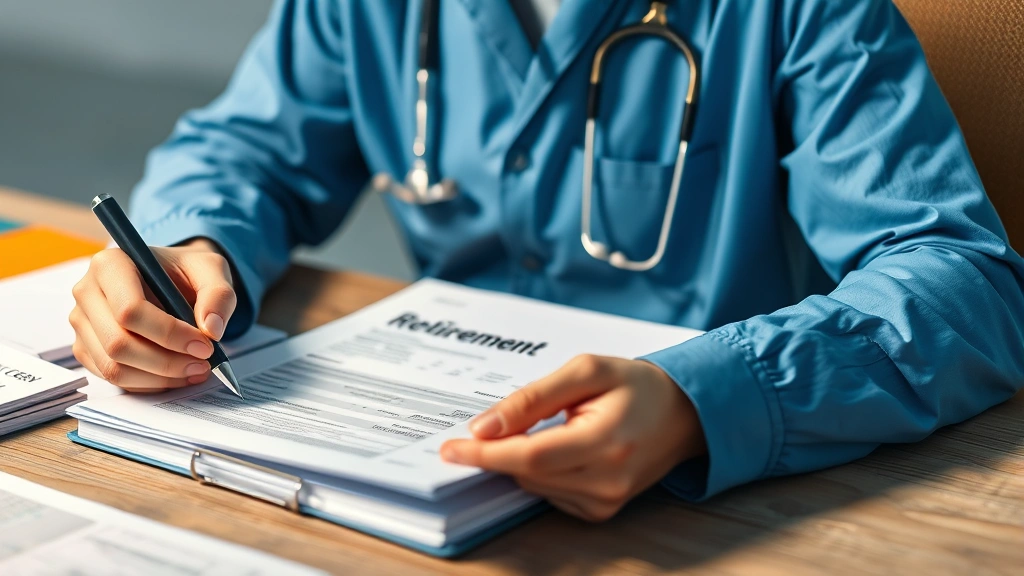 Healthcare worker reviewing financial documents and retirement planning materials at desk, representing wealth-building and financial security benefits of union health services employment