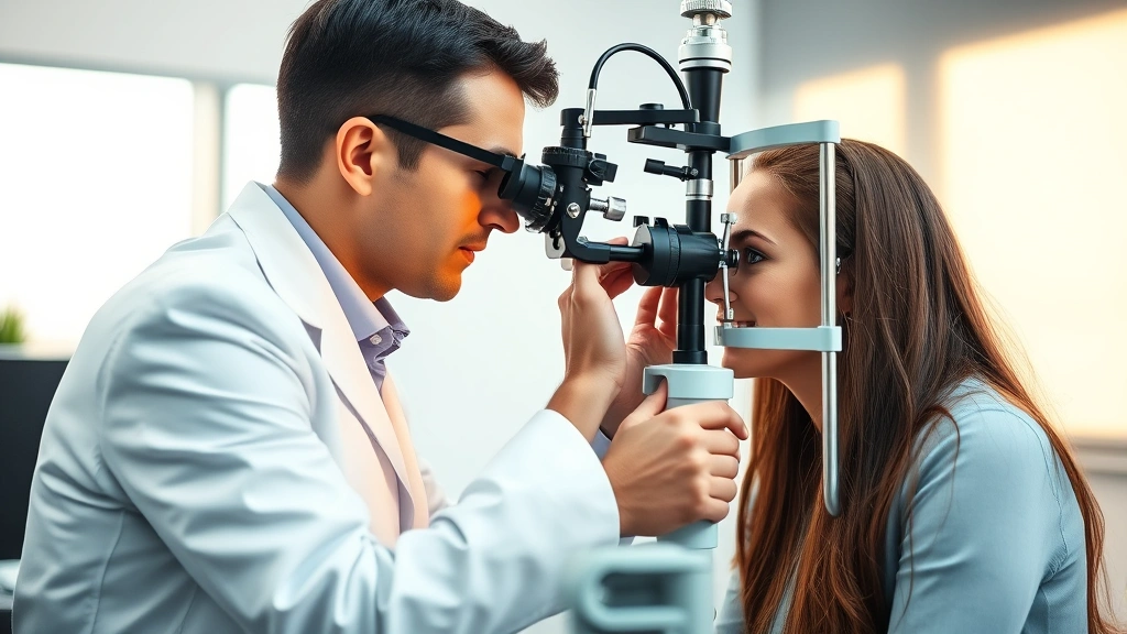 Professional optometrist conducting comprehensive eye exam on patient using phoropter in modern clinical setting, warm lighting, focused on precision