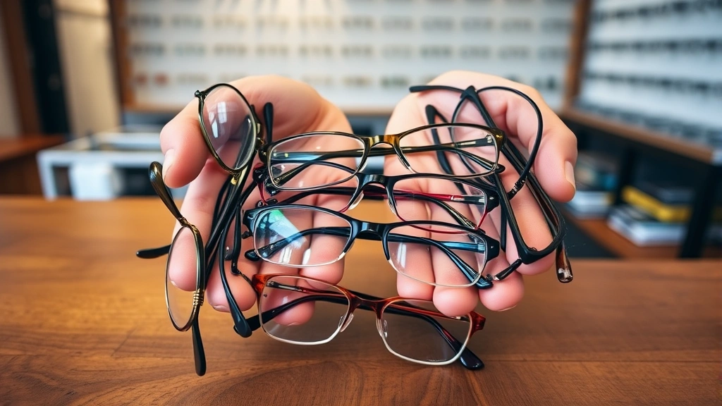Close-up of hands holding multiple eyeglass frames in various styles and colors displayed on wooden table in optical store
