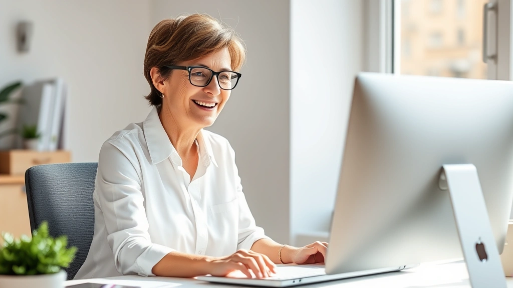 Mature professional woman wearing progressive lens glasses working at computer desk, natural daylight from window, content and comfortable expression