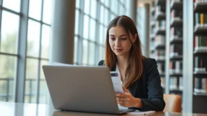 Young professional woman studying financial documents and laptop at modern university campus library, natural daylight streaming through windows, focused expression, contemporary educational environment