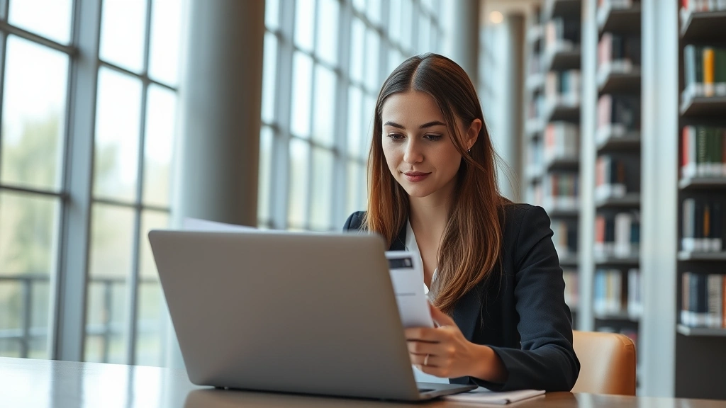 Young professional woman studying financial documents and laptop at modern university campus library, natural daylight streaming through windows, focused expression, contemporary educational environment