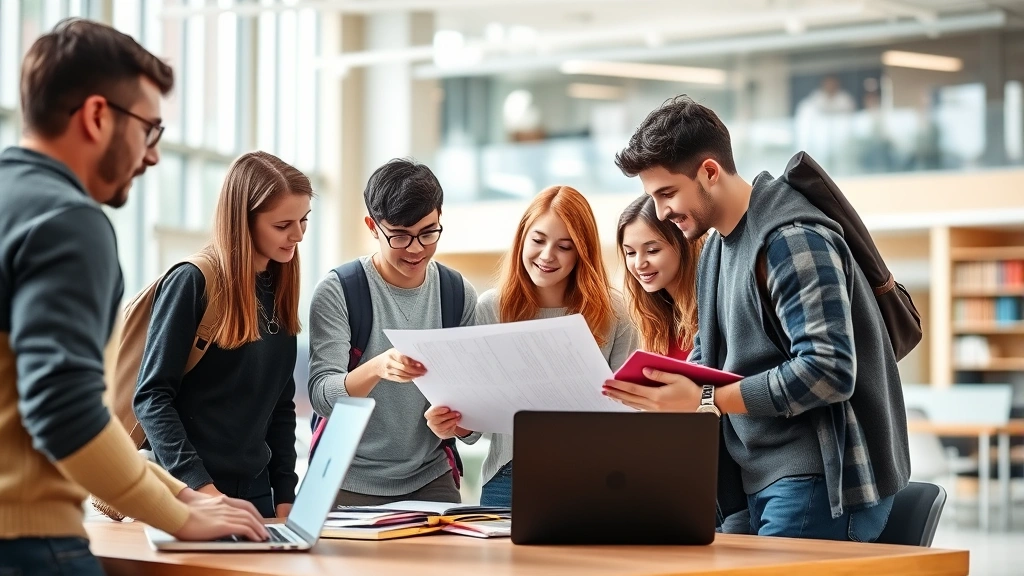 Diverse group of students collaborating on project in bright campus study space, laptops and notebooks visible, engaged and motivated atmosphere, modern university setting with natural lighting