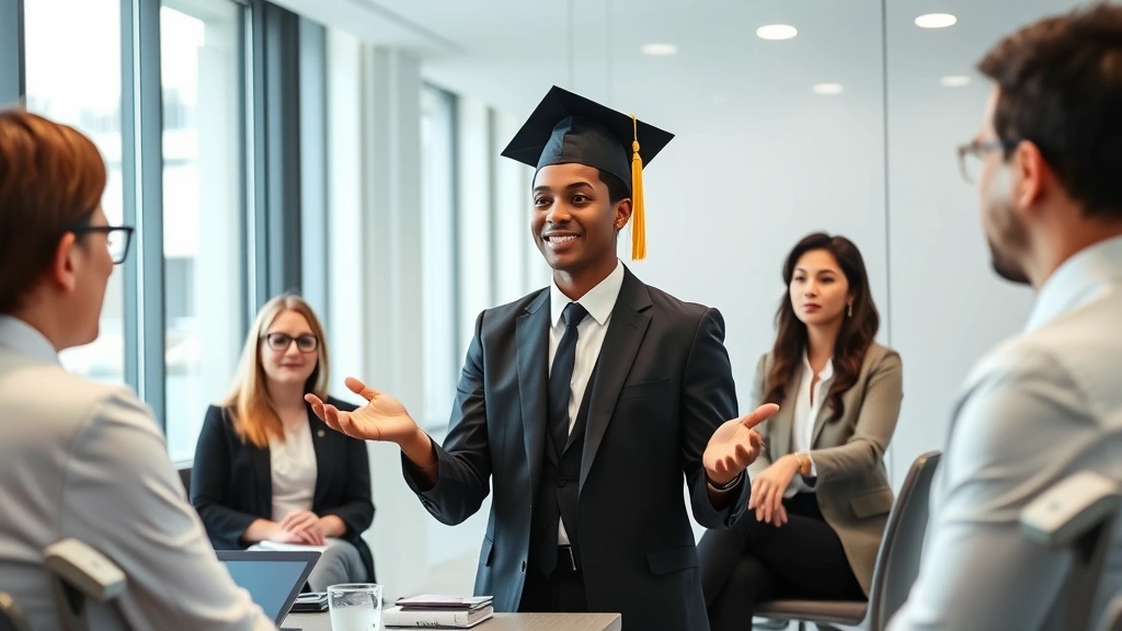 Recent graduate in professional attire confidently presenting in modern office conference room, colleagues listening attentively, success and career advancement evident, contemporary workplace environment