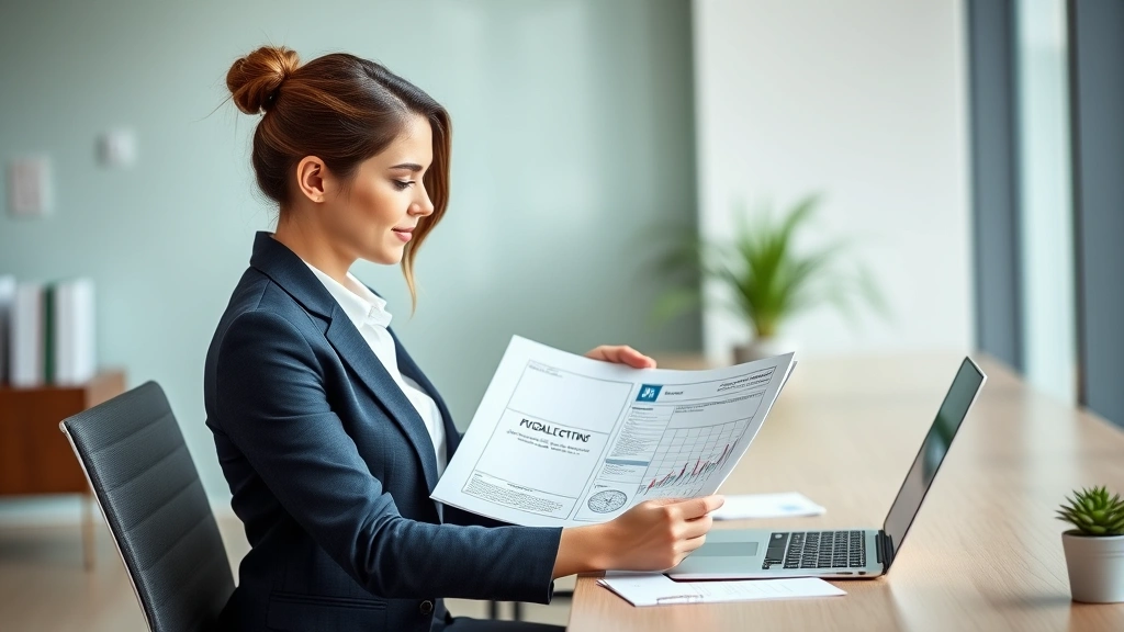 Professional woman in business attire reviewing financial documents and loan statements at a modern desk with a laptop, neutral office background, natural lighting