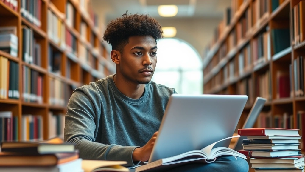 Young diverse graduate student studying with textbooks and laptop in a well-lit library setting, contemplative expression, surrounded by academic materials