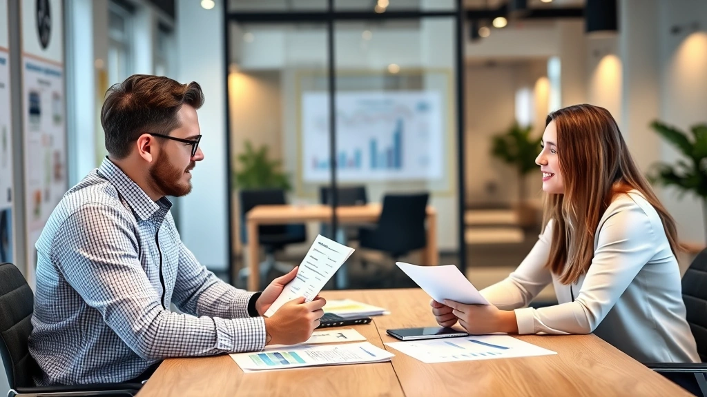 Financial advisor discussing loan options with a young professional at a desk with charts and documents visible, collaborative meeting atmosphere, modern office setting