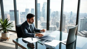Affluent professional reviewing property documents at modern desk with city skyline view through floor-to-ceiling windows, natural lighting, contemporary office setting