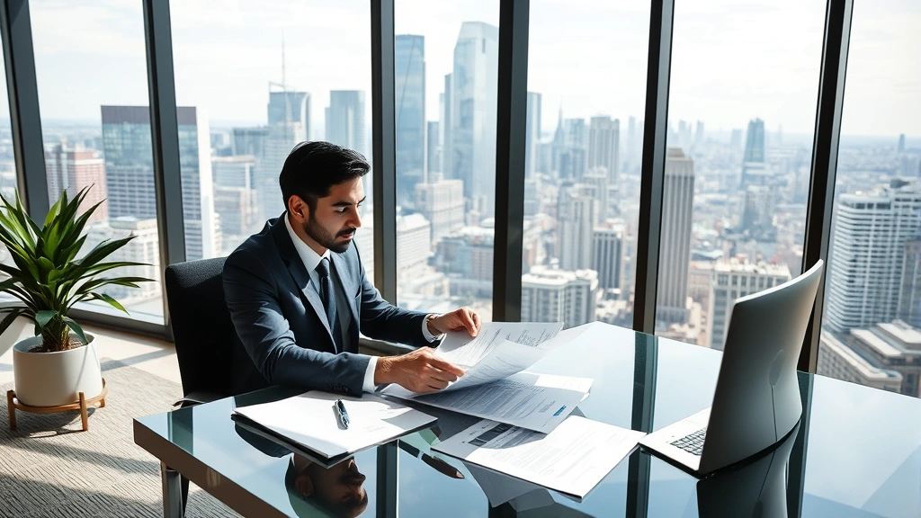 Affluent professional reviewing property documents at modern desk with city skyline view through floor-to-ceiling windows, natural lighting, contemporary office setting