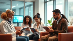 Professional healthcare setting with diverse patients using tablets and computers to access digital health records in a modern clinic waiting room, warm lighting, realistic photography