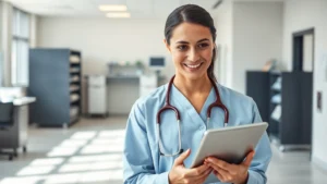 Professional healthcare worker in modern clinic reviewing patient data on digital tablet, natural lighting, confident expression, organized medical office background