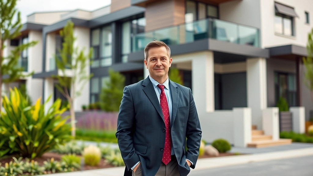 Successful property investor standing confidently in front of modern residential building with architectural landscaping, professional attire, daytime photography