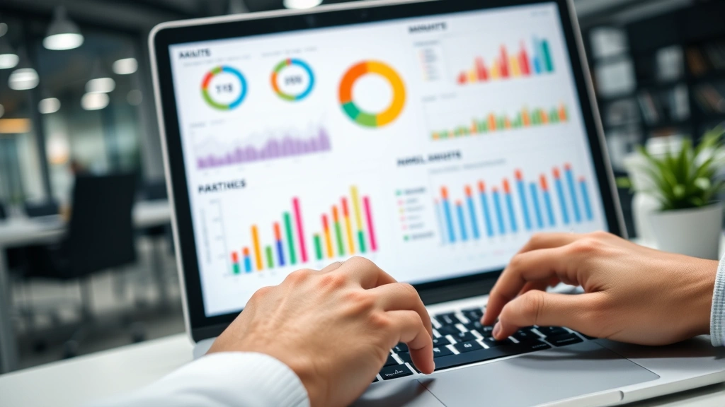 Close-up of hands typing on laptop keyboard while viewing colorful health data dashboards and medical charts on screen, modern office environment, professional atmosphere