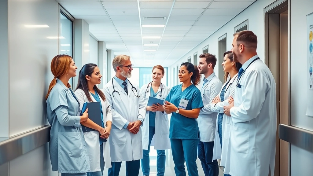 Diverse group of healthcare professionals in hospital corridor having collaborative discussion, modern medical facility, natural daylight, teamwork atmosphere