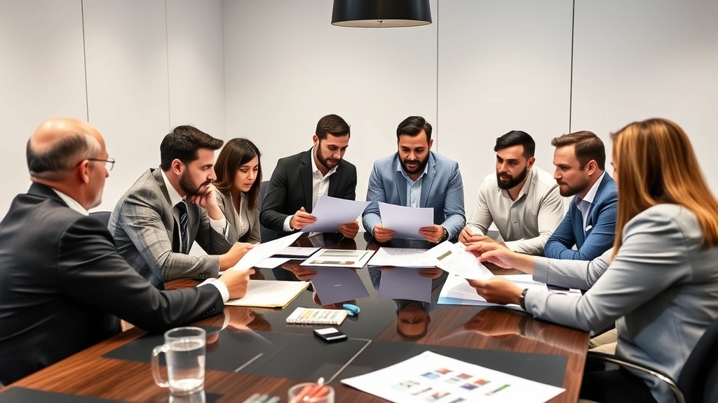 Diverse group of real estate investors in conference room analyzing market data, reviewing documents together, collaborative wealth-building environment