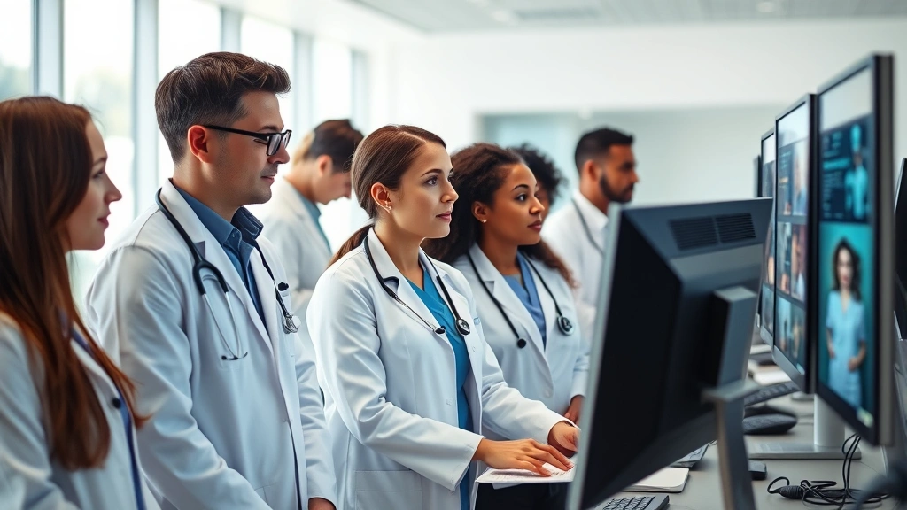 Diverse group of healthcare professionals in white coats reviewing digital patient information on computer monitors in a bright, contemporary medical facility with natural light