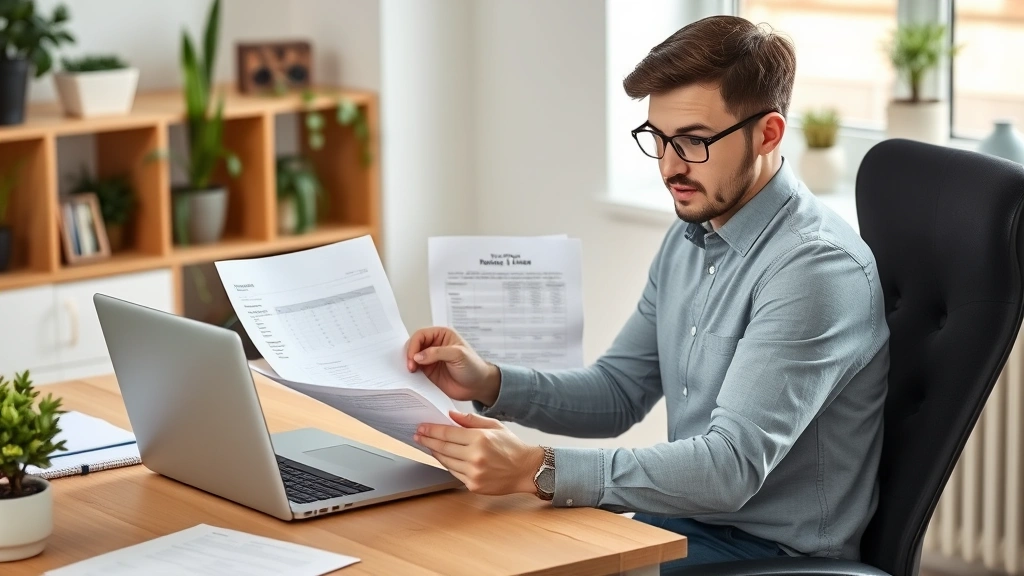 Young professional reviewing financial documents and retirement plan statements at home office desk, laptop open, focused expression, organized workspace with plants