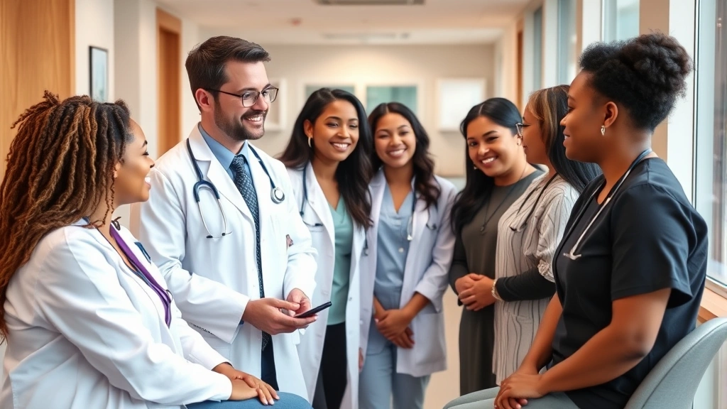 Diverse healthcare professionals in modern clinic setting with patients, showing preventive care consultation, warm clinical environment, genuine interactions and smiling faces