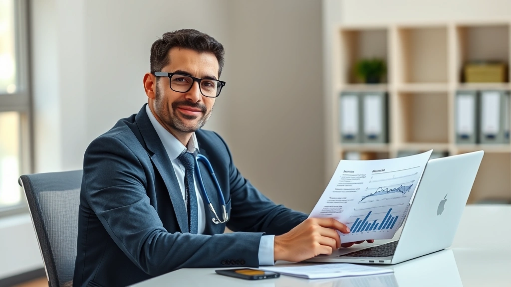 Professional healthcare worker in business attire sitting at modern desk with laptop and financial documents, reviewing investment portfolio and wealth strategy with confident expression, natural office lighting
