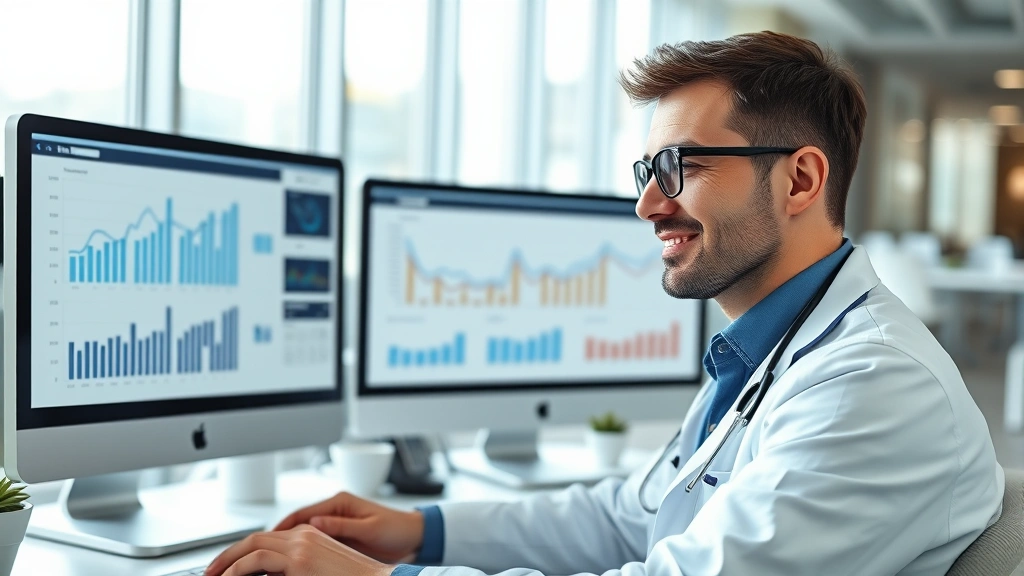 Professional healthcare administrator in modern medical facility reviewing financial charts and health data on computer screens, confident expression, natural lighting from office windows, contemporary workspace