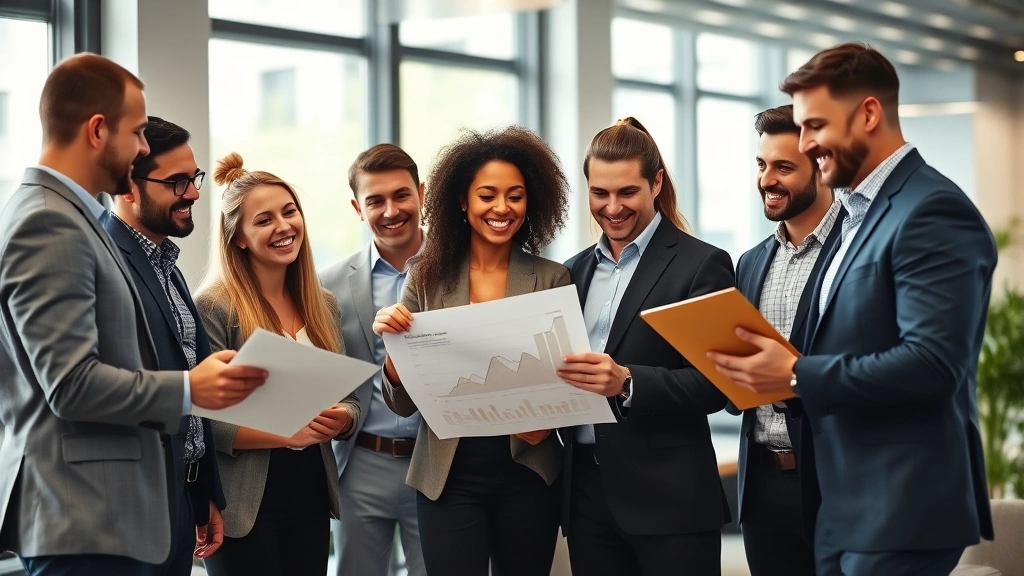 Diverse group of professionals in business casual clothing celebrating financial milestone, reviewing growth charts and investment documents together in modern office setting with natural light, genuine smiles